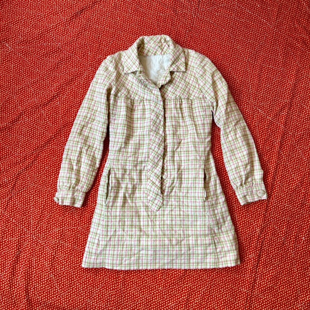 Vintage 1960s Pink Green Plaid Long Sleeve Mini Dress Coat Coquette Twee